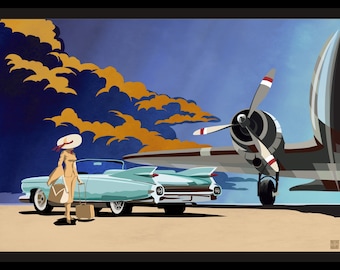 Lámina artística vintage de un Cadillac Eldorado y un avión, coches clásicos, aviación vintage