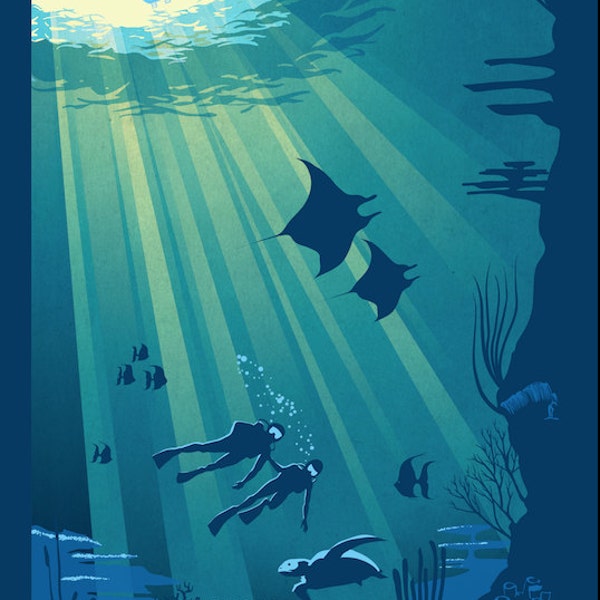 Retro Coral Reef Scuba Diving Travel poster art, illustration, fine art, print