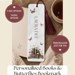 May include: A rectangular bookmark featuring a light blue watercolour background with a stack of illustrated books at the bottom, surrounded by small flowers and butterflies. The name LAURA DEE is printed vertically in dark brown text with a dark red tassel.