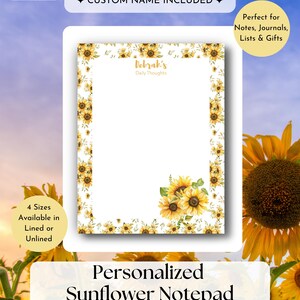 Könnte beinhalten: Ein rechteckiger Notizblock mit weißer Mitte und einem Rand, der mit gelben Sonnenblumen und grünen Blättern verziert ist. Der Text Debrah's Daily Thoughts ist oben mittig in Gold gedruckt, und eine Sonnenblumenblüte befindet sich unten rechts.