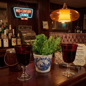 May include: Two deep red wine glasses filled with dark liquid sit on a wooden bar next to a white ceramic planter featuring blue windmill illustrations and a green fern. A menu card, a metal ice bucket, and a neon sign reading MID-CENTURY LOUNGE are visible.