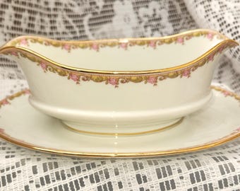 Vintage Limoges Frankreich Alte Abby Rose Sauciere mit Goldrand - Henri Creanges Muster