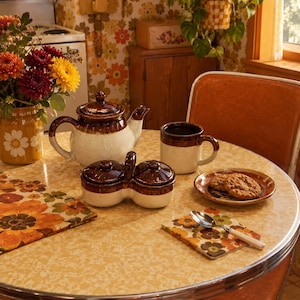 Puede incluir: Un juego de té de cerámica con esmalte bicolor en marrón y crema, que incluye una tetera, un azucarero doble con tapas y una taza. Dos galletas están en un plato pequeño y una cuchara de plata descansa sobre una servilleta estampada.
