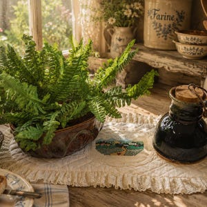 Haeger Planter with homemade quilt runner and Tubby Mud studio art