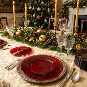 Peut inclure: Une table de fête avec une nappe dorée à motifs, des assiettes en verre rouge sur des sous-assiettes argentées, des verres à vin gravés, des couverts en argent et un centre de table composé de branches de sapin, pommes de pin et bougies.