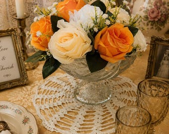 Vintage Glass Made in France Bowl with Faux Roses and Handmade Doily