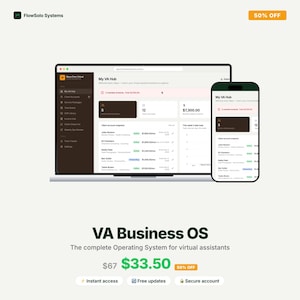 Könnte beinhalten: Ein Laptop und ein Smartphone zeigen die "My VA Hub"-Oberfläche mit Finanzdaten und Kundeninformationen. Das Bild wirbt für "VA Business OS", das komplette Betriebssystem für virtuelle Assistenten, mit einer 50 % Rabatt-Aktion.