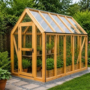 May include: A wooden greenhouse with a glass roof and walls, situated in a garden. The structure includes a door, shelves, and wooden planters filled with plants. The greenhouse is surrounded by greenery and a stone pathway.