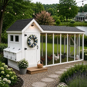 May include: A white wooden chicken coop with a black shingled roof, featuring a door adorned with a blue and white floral wreath, a wire mesh run, and a nesting box section. A small woven basket containing eggs sits on the wooden step.