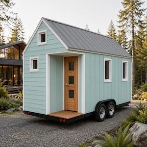 May include: A light mint green tiny house on wheels featuring a gabled roof with grey metal panels, a natural wood front door with four glass panes, a small wooden porch, and white window frames. The structure is set on a black metal trailer frame.
