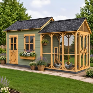 May include: A sage green wooden chicken coop featuring a black shingled roof, natural wood trim, and a wire mesh enclosure. The structure includes a door, a window with a flower box, and a screened run area containing two chickens inside.