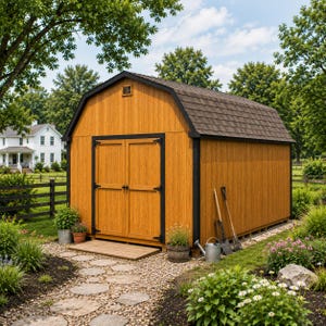 May include: A wooden storage shed with a gambrel roof, featuring light brown vertical siding and dark brown trim. The structure has double doors with black hinges and a small vent near the roof peak, positioned on a gravel path in a garden.