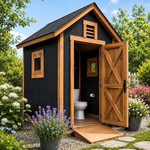 May include: A small outdoor structure with black vertical siding and natural wood trim. It features a gabled roof, a wooden door with an X-brace design, a small square window, and a vent. Inside, a white toilet and toilet paper holder are visible.