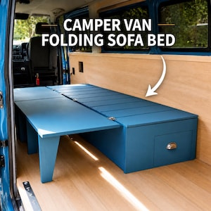 May include: A blue wooden camper van folding sofa bed installed in a vehicle with light wood paneling. The unit features a flat sleeping surface, a hinged extension, and a built-in drawer with a metal handle. Text reads CAMPER VAN FOLDING SOFA BED.