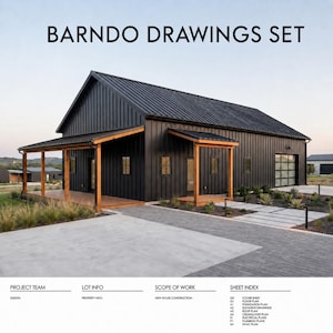 Puede incluir: Una casa de metal negro con porche de madera y puerta de garaje. El texto BARNDO DRAWINGS SET aparece arriba, con equipo del proyecto, información del lote, alcance del trabajo e índice de hojas que incluye plano de planta y de techo.
