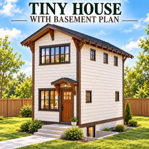 Puede incluir: Una casa pequeña de dos pisos con revestimiento de tejas color crema, molduras marrón oscuro y una puerta de entrada de madera. El texto TINY HOUSE WITH BASEMENT PLAN aparece sobre la estructura, que cuenta con ventanas de marco negro y un sótano.