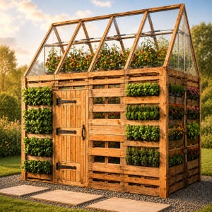 Op de afbeelding: Een houten kas gemaakt van pallets met een glazen zadeldak. De structuur is voorzien van verticale wandplantenbakken gevuld met groen blad en bloemen, en een centrale houten deur met zwarte metalen scharnieren en tomatenplanten.