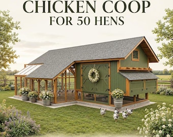 50 Chicken Coop Plans with Run, Extra Large Walk-In Poultry House Shed, DIY Woodworking Enclosed Run and Nesting Boxes