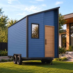 May include: A blue tiny house on wheels featuring horizontal wood siding, a single rectangular window, and a light brown wooden door with a black vertical handle. The structure has a slanted roof and is mounted on a black metal trailer frame.