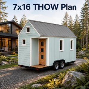 May include: A 7x16 THOW plan featuring a light green tiny house on wheels with a gray metal roof, a wooden door with three glass panels, and white trim. The structure includes multiple rectangular windows and sits on a black trailer base.