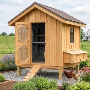 Puede incluir: Un gallinero de madera con techo de metal marrón, puerta abierta y una pequeña rampa. El gallinero tiene una ventana y un nido. Dos gallinas están de pie frente al gallinero, rodeadas de vegetación y flores.