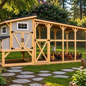 May include: A large wooden chicken coop with a gray and natural wood finish. The coop features a fenced run area and a separate enclosed house with a small window and double doors. Chickens are visible inside the run, and the coop is set in a garden.
