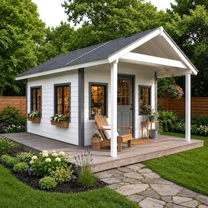 May include: A white shed with dark gray trim, a dark gray shingled roof, and a covered porch. The structure features multiple windows with dark frames, a gray door, and a wooden chair on the deck. Flower boxes and a hanging basket are attached.