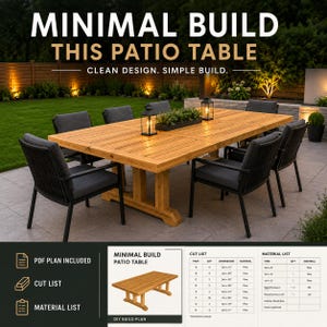 Puede incluir: Una mesa de patio de madera con un diseño minimalista, rodeada de seis sillas con cojines de color gris oscuro. La mesa es de madera clara y tiene forma rectangular. Incluye el texto "MINIMAL BUILD THIS PATIO TABLE".