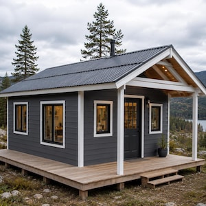 May include: A small cabin with dark gray horizontal siding, white trim, and a black corrugated metal roof. The structure features a wooden deck, a black front door with glass panes, and multiple windows with black frames, set in a forest.
