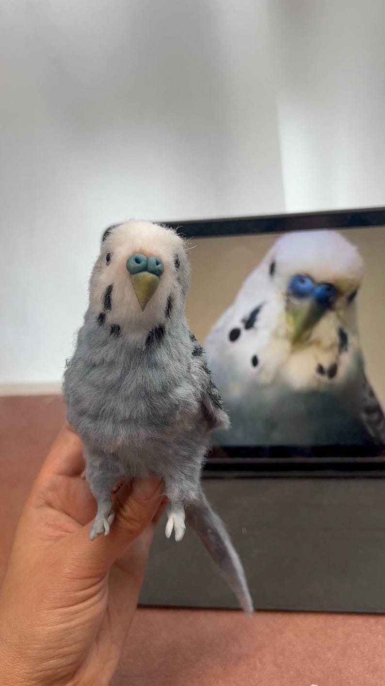 Puede incluir: Una figura de periquito hecha con lana fieltrada que presenta una cabeza blanca, un pecho azul claro y marcas grises y negras en las alas. El ave tiene una peque&ntilde;a cera azul sobre un pico amarillo y un acabado suave y texturizado.