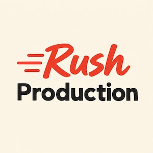 Puede incluir: Un diseño gráfico que presenta la palabra Rush en una fuente cursiva roja en negrita, precedida por tres líneas horizontales rojas que indican movimiento. Debajo de la palabra Rush, la palabra Production está escrita en negro, fuente sans-serif, sobre un fondo crema.