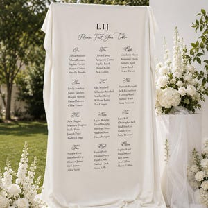 Pode incluir: Um quadro de assentos de casamento em tecido branco com caligrafia elegante. O gráfico diz "LIJ Please Find Your Table" e lista os nomes dos convidados sob títulos numerados. Arranjos florais emolduram a exibição.