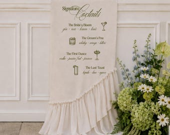 Ruffled Wedding Bar Menu, Custom Fabric Bar Sign, Signature Cocktail Reception Decor