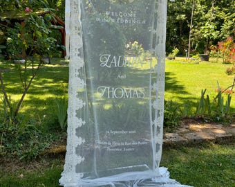 Custom Lace Wedding Welcome Sign, Sheer Tulle Reception Banner, Elegant Hanging Ceremony Decor