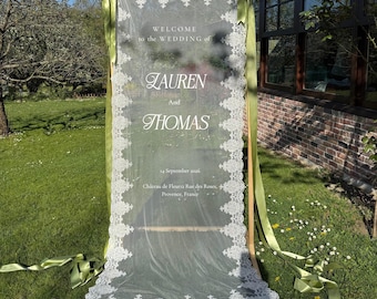 Custom Lace Wedding Welcome Sign, Sheer Tulle Ceremony Banner, Romantic Reception Decor