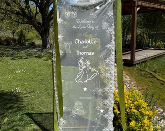Custom Lace Welcome Sign, Clear Sheer Wedding Banner, Romantic Ceremony Decor