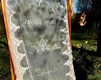 Lace Wedding Welcome Sign: Sheer Fabric Signage, Romantic Ceremony Reception Banner