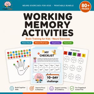 May include: A printable bundle of neuro exercises for kids titled Working Memory Activities. The document includes a 10-day challenge checklist, a hand-themed pattern recall sheet, and a color coding activity page with over 80 pages total.