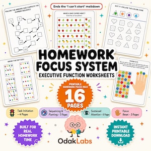May include: A collection of 16 printable executive function worksheets titled Homework Focus System. The pages feature activities like number sequences, pattern matching, colour coding, and finger exercises, accompanied by a cartoon brain character.