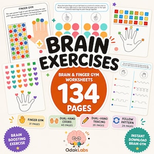 May include: A collection of 134 brain and finger gym exercise worksheets featuring colourful illustrations of hands, shapes, and tracing lines. The pages include activities for dual-hand coordination, tracing, and pattern following by OdakLabs.