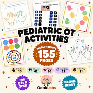May include: A digital therapy bundle titled PEDIATRIC OT ACTIVITIES featuring 155 pages of printable worksheets. The collection includes exercises for imitation, bilateral coordination, visual skills, color coding, and color play for pediatric occupational therapy.