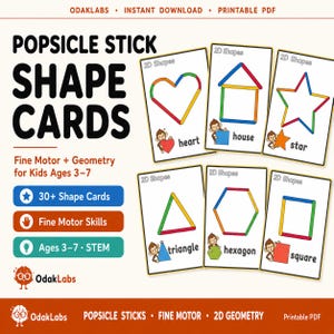 Puede incluir: Tarjetas educativas de formas para niños de 3 a 7 años. Las tarjetas presentan formas coloridas de palitos de helado, como corazones, casas y estrellas. El conjunto incluye más de 30 tarjetas diseñadas para desarrollar la motricidad fina e introducir conceptos de geometría. Las tarjetas están etiquetadas como "Shape Cards".