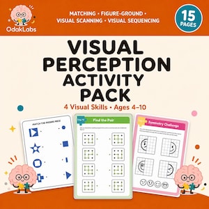 Könnte beinhalten: Ein visuelles Wahrnehmungs-Aktivitätspaket mit 15 Seiten für Kinder von 4-10 Jahren, das drei Arbeitsblätter enthält. Das Cover zeigt das OdakLabs-Logo, Text zu visuellen Fähigkeiten und Illustrationen einer Gehirnfigur mit Puzzleteilen.