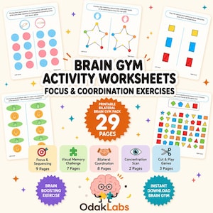 May include: A set of 29 printable brain gym activity worksheets featuring focus and coordination exercises. The pages include bilateral tasks, visual memory challenges, concentration scans, and cut-and-play games with colorful shapes and hand icons.