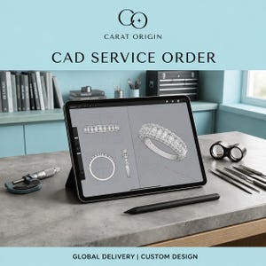 May include: A tablet displaying a 3D CAD design of a diamond eternity ring with multiple views. The screen shows the text CARAT ORIGIN and CAD SERVICE ORDER. A stylus, a micrometer, and a jeweler's loupe are placed on the desk surface.