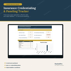 May include: A digital Insurance Credentialing & Paneling Tracker Excel workbook displayed on a screen. The dashboard features a panel snapshot, status tables, and a bar chart showing panels by status, with text including Private Practice Toolkit.