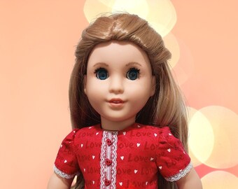 Red Valentine cotton print dress fits American Girl 18 inch dolls