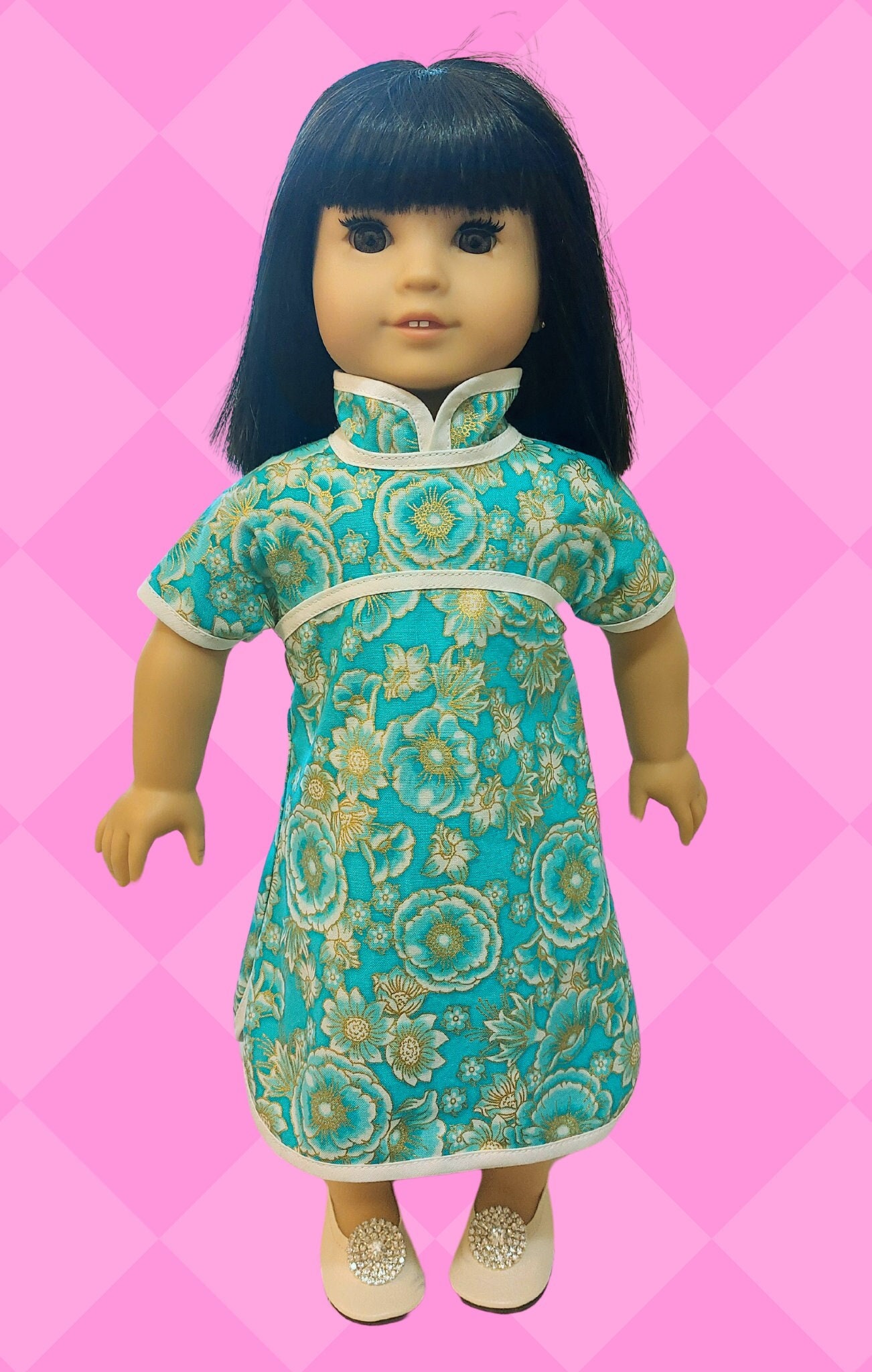 Light teal floral print Asian style cotton dress for 18 inch Girl dolls