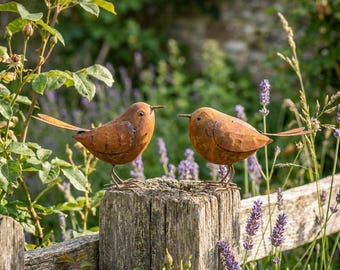 Metall-Vogelfiguren, 2er-Set, rustikale Gartendekoration aus Eisen, Skulptur für den Außenbereich, Terrassendekoration im Landhausstil, Geschenk für Vogelliebhaber
