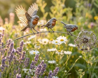 Metalen tuinsteker met roodborstje, vogeldecoratie voor in de tuin, rustieke tuindecoratie, paardenbloem tuinornament, cottagecore terrascadeau voor vogelliefhebbers